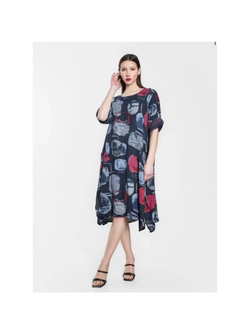 Tina Stephens April Womens Gem Print Pocket Shift Midi Dress One Size Linen